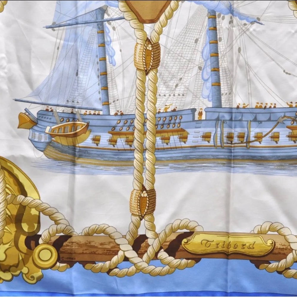 Authentic HERMES Carre 90 Scarf "Tribord" Silk Blue - Picture 4 of 16
